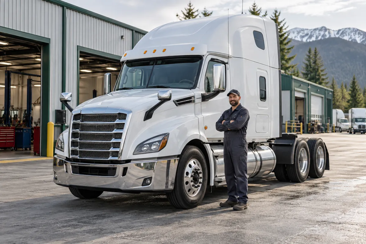 Illustrative scene of a white semi-truck and mechanic in a repair yard
